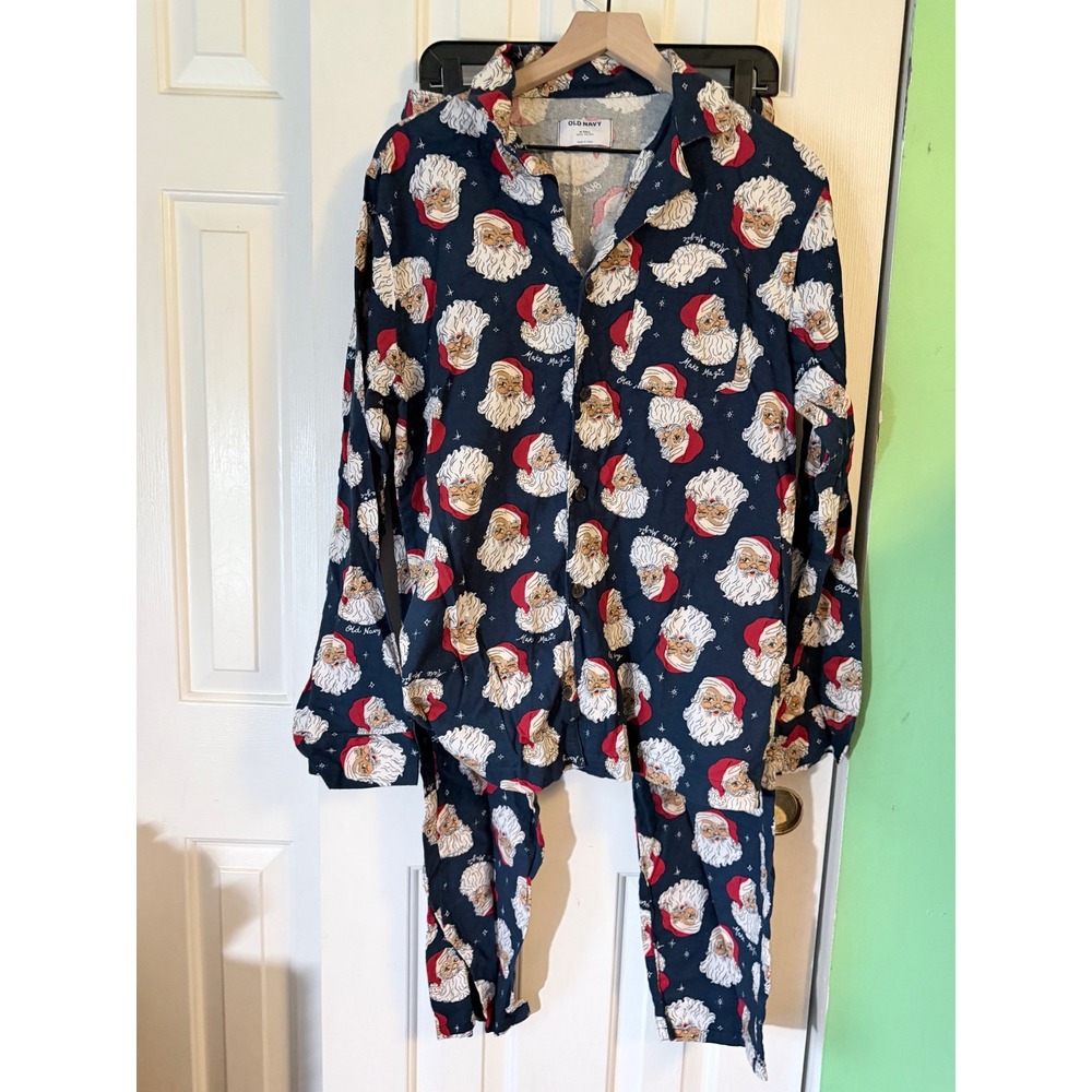 Old Navy Pajama Set Mens M Tall Navy Blue Excellent Santa Claus Print Button Up